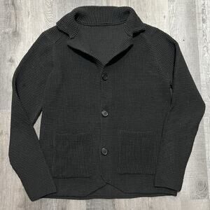 VTG Waffle Knit Black Blank Pocket Cardigan Honeycomb Shawl Sweater Mens M